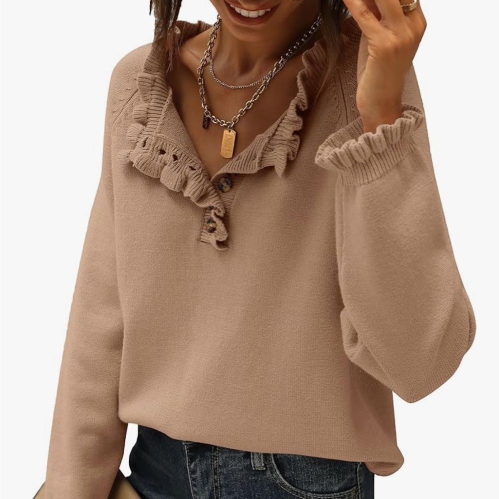 Women's Tan Sweater with Ruffle Detail